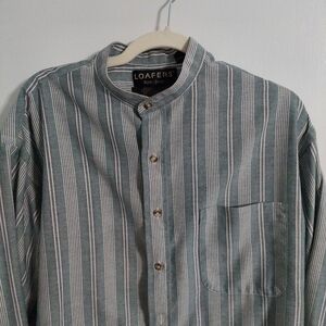 Men's Green Stripe Band-Collar Button-Down Shirt